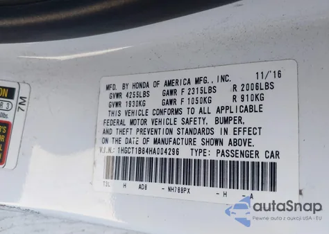 2017 Honda Accord Ex-L из США, поврежденный, VIN 1HGCT1B84HA004296